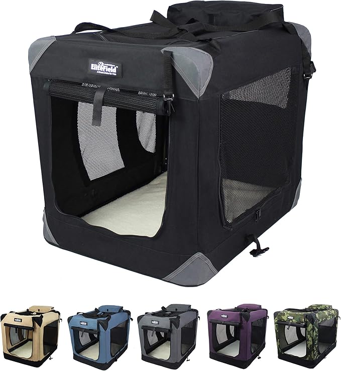EliteField 3-Door Folding Soft Dog Crate with Carrying Bag and Fleece Bed (2 Year Warranty), Indoor & Outdoor Pet Home (24" L x 18" W x 21" H, Black)