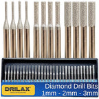 Drilax Diamond Drill Bits for Stone and Glass – 30 Pc Set (1mm, 2mm, 3mm) 1/8 Shank for Dremel & Rotary Tools – Jewelry Making, Gemstone, Sea Glass and Lapidary Drill Bits Kit