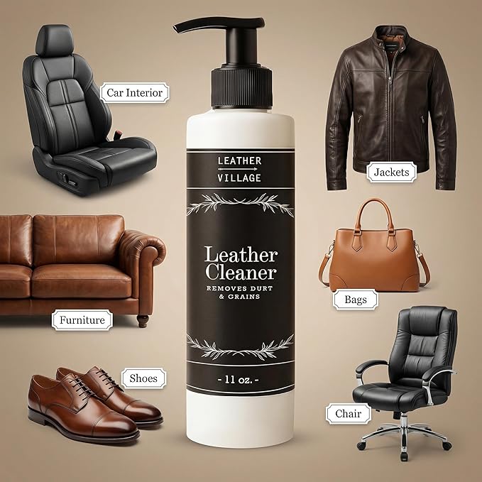 LEATHER VILLAGE Leather Cleaner and Conditioner for Car Seats, Furniture & Couch 2-in-1 Leather Care Kit with Wipe Cloth – Non-Toxic Stain Remover & Protectant for Shoes, Purse, Jacket, Bag | 11 oz