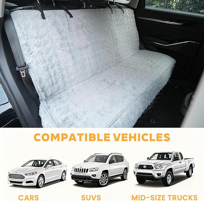 Dog Car Seat Cover for Back Seat & Front Seat, Plush Faux Fur Pet Car Seat Protector with Waterproof Layer, Non-Slip Bottom, Side Flaps, Machine Washable (Back Seat Gray)