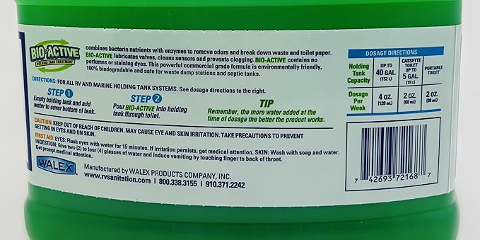 Walex Bio-Active Holding Tank Treatment - Enzyme-Based Deodorizer with Commercial-Grade Digestive Power, Liquefies Waste & Tissue, Cleans Sensors, Prevents Clogs & Odors, Formaldehyde Free, 168 oz