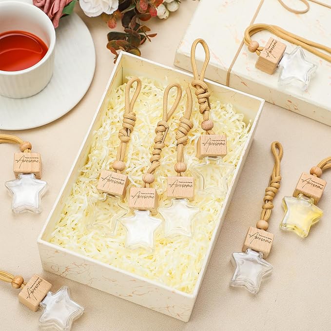 24 Pcs Star Shaped Car Fragrance Diffuser Bottle Bulk - Appreciation Gifts Set Hanging Glass Diffusers with Inspirational Message for Coworker Teacher Staff Thank You Gift (Awesome)