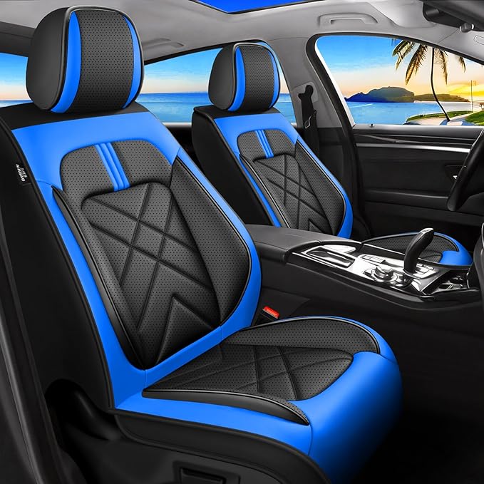 CX-70 Car Seat Covers Fit for Mazda CX-70 2025-2026, Full Coverage Premium Leather Waterproof Breathable Seat Covers, Automotive Seat Protectors, Airbag Compatible(2 Front Seats, Black-Blue)