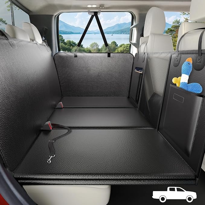 Back Seat Extender for Dogs Truck-Large Space, Dog Pet Seat Cover Back Seat Hard Bottom 500lb, Anti-scratch Dog Hammock for Crew Cab Trucks F150, RAM1500, Sierra, Tundra, Silverado, All Black
