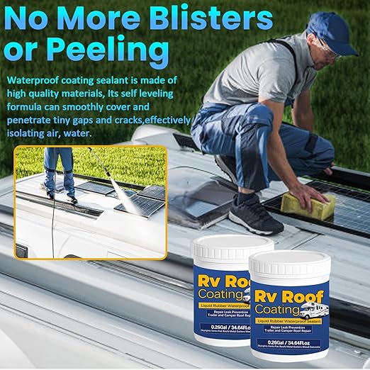 0.52Gal/69.28Fl.oz Liquid Rubber Rv Roof Coating White Waterproof Sealant Camper Roof Repair Solar Reflective Wooden Brush Putty Knife Nitrile Gloves Paint Roller Drywall Repair Tape