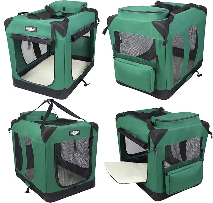 EliteField 3-Door Folding Soft Dog Crate with Carrying Bag and Fleece Bed (2 Year Warranty), Indoor & Outdoor Pet Home (20" L x 14" W x 14" H, Green)