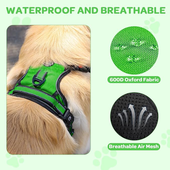 FURRYFECTION Plaid Dog Harness for Large Dogs, Reflective No Pull Adjustable Pet Vest with Front Clip, Leash, Easy Control Handle and Seat Belt, Green, XL