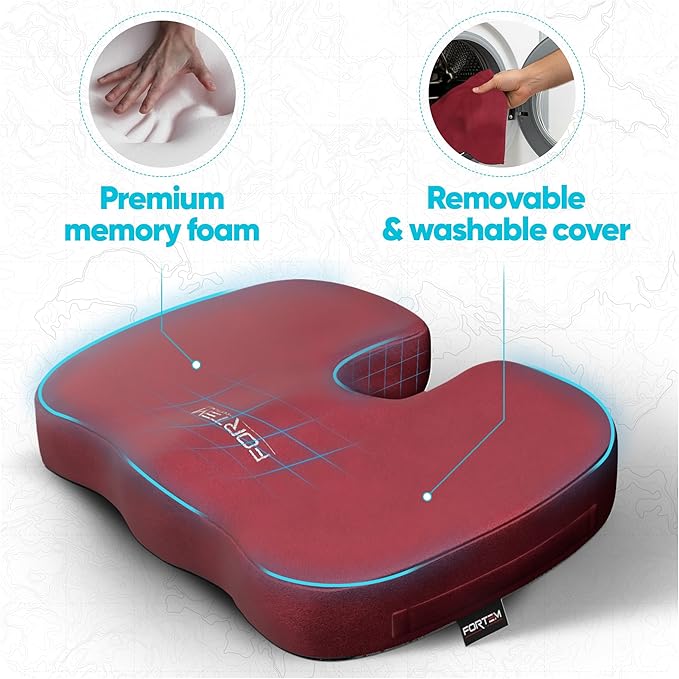 FORTEM Seat Cushion, Office Chair Cushion, Desk Chair Memory Foam, Sciatica Coccyx Tailbone Pain Relief, Pressure Relief, Sitting Pad, for Long Gaming & Sitting, Washable Cover, Non Slip