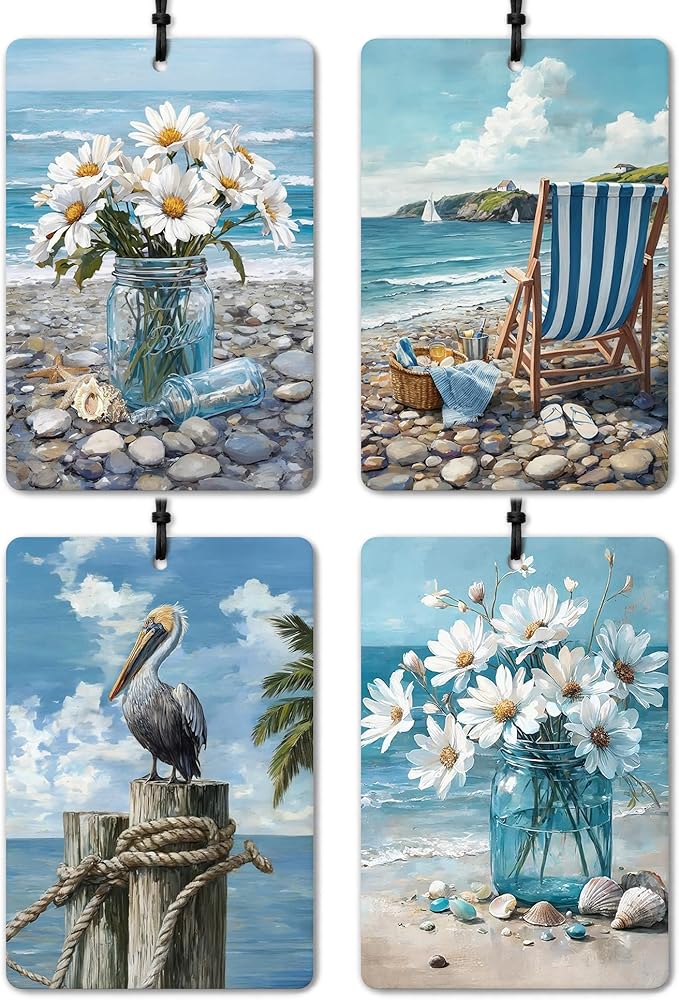 Blue Beach Daisy Floral Chair Pelican Car Air Freshener 4 Pcs, Beachy Coastal Ocean Seaside Hanging Air Freshener for Cars Closet Drawer Books, Girly Car Accessories Mirror Decor for Women