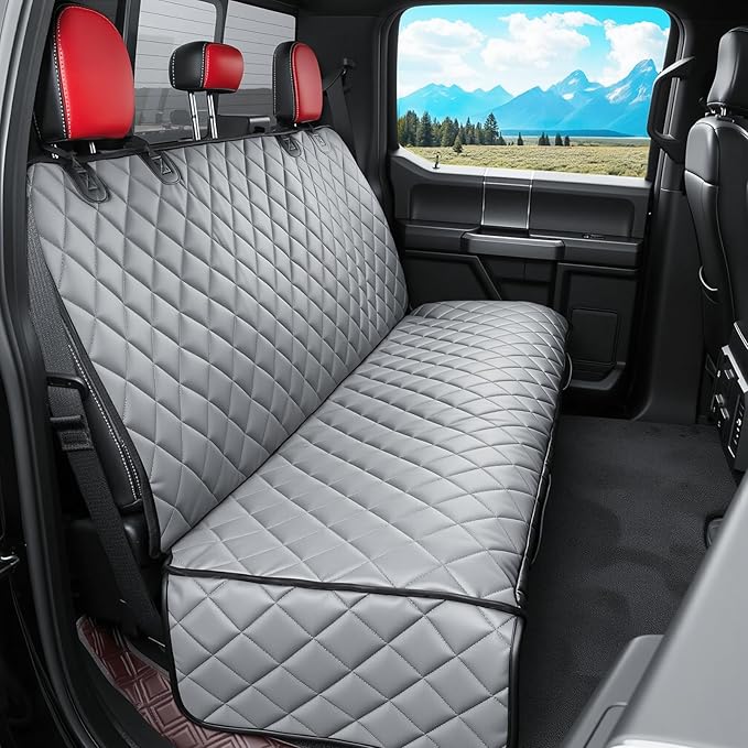 Dog Truck Seat Cover for Back Seat,Waterproof Back Seat Cover for Truck,Heavy-Duty Scratchproof Pu Leather Bench Seat Covers for Trucks Ford F-Series/Chevrolet Silverado/Ram/Jeeps (Grey, X-Large)