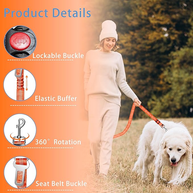 3-Piece Dog Car Harness Set - Retractable, Adjustable, Reflective Dog Seatbelt for Vehicle Headrests, Heavy Duty & High Elastic, Orange