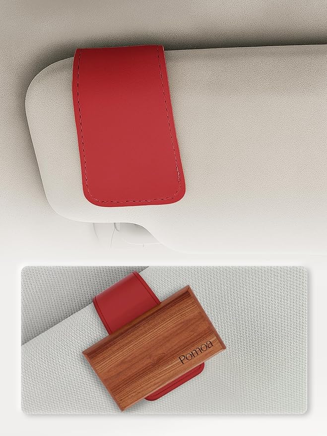 Patented Leather Car Air Freshener Visor Clip, Compatible with Drift Wood or Stone Car Freshener, Magnetic Design, Gentle on Sun Visors, Ideal for Modern & Electric Vehicles, Red (Clip Only)