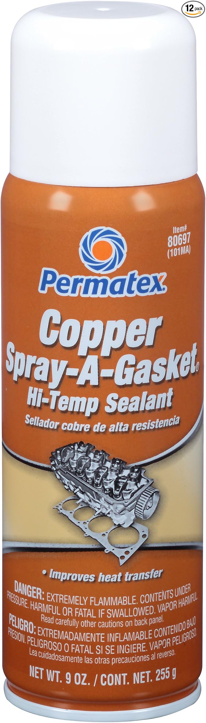 Permatex 80697-12PK Copper Spray-A-Gasket Hi-Temp Adhesive Sealant, 9 oz. net Aerosol Can (Pack of 12)