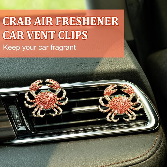 2Pcs Crab Air Freshener Vent Clip, Cute Air Diffuser Clips, Bling Rhinestone Car Outlet Decor, Crab Car Accessories for Women