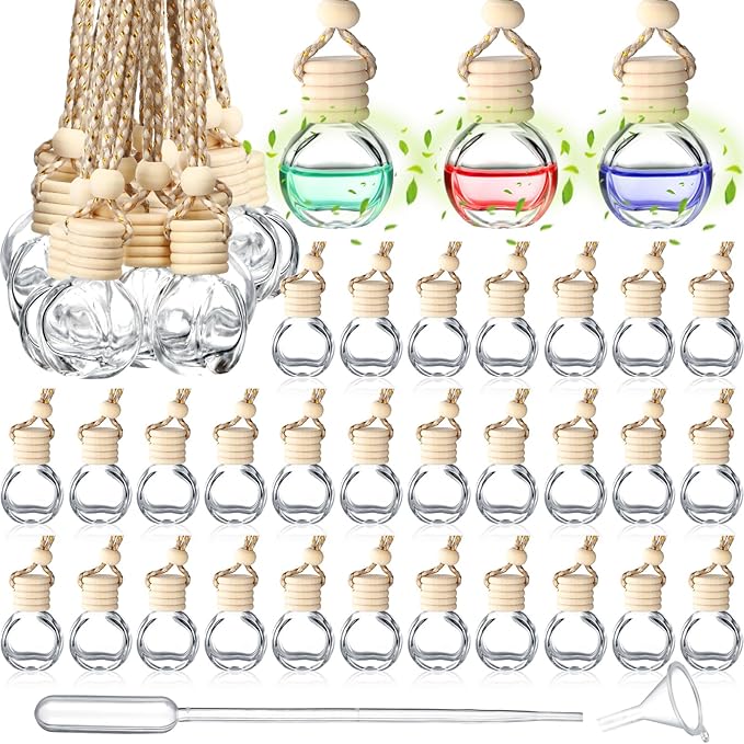 Inbagi 60 Pcs 8ml Hanging Car Air Freshener Diffuser Bulk Empty Refillable Clear Glass Bottle Essential Oil Bottle Pendant with Wooden Caps for Fragrance Aromatherapy Perfume Auto Interior Ornament