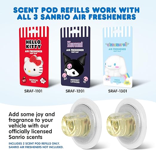 Hello Kitty Car Air Freshener Refills 2-Pack - Fresh Cotton Scent – Cute and Long-Lasting Cinnamoroll Car Accessories, Odor Eliminator, Fun Scents, 30 Days Freshness (2 Refills)