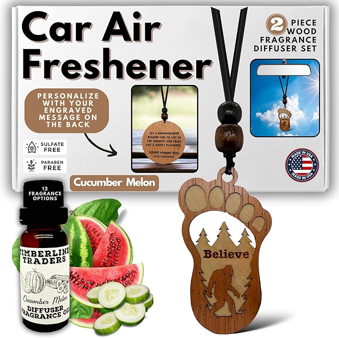 Personalized Car Air Freshener, Wood Diffuser and Fragrance Oil Set, Custom Message, Rearview Mirror Charm, Bigfoot Believe, Sasquatch, Auto Accessory for Men or Women (Cucumber Melon)