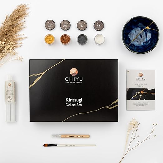 CHIYU Bio Kintsugi Repair kit: Deluxe Box - Gold, Silver, Copper - Bio Based - Gold Glue - Food Safe - The Most Complete and Durable Kintsugi kit