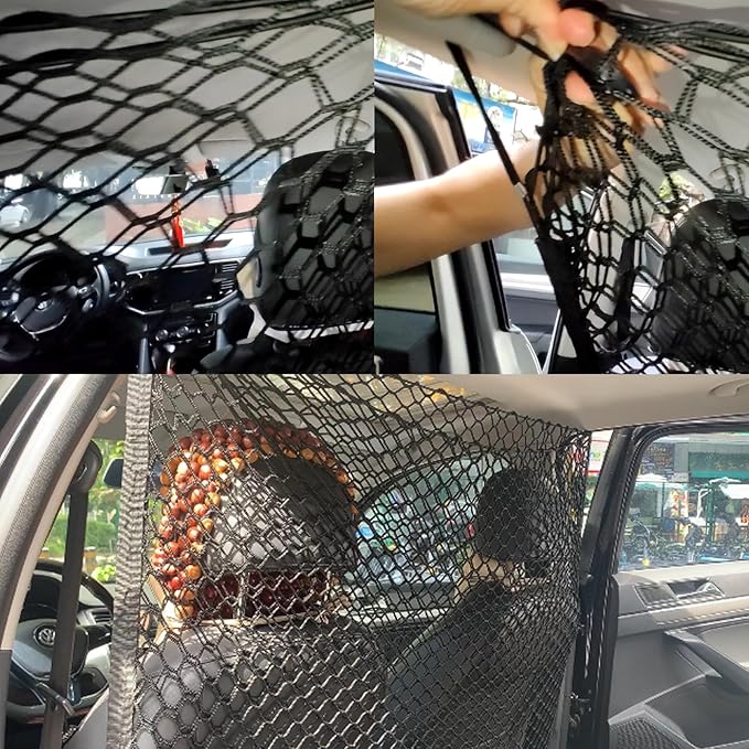 Car Dog Barrier Net, Hook Up Elastic Envelope Luggage Net (47.24" x 33.85") Dual Layer Safety Net for Pet Dog Vehicle Universal Mesh Barrier Guard Blocks Access to Car Front Seats Organiser Bag