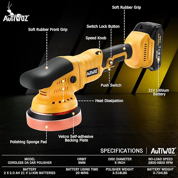 Cordless Car Buffer Polisher, 2x2000mAh 21V Batteries 5 Inch Random Orbital Polisher for Car Detailing, Waxing, Polishing, Scratch Removing, 6 Variable Speed Car Buffer Polishing Kit