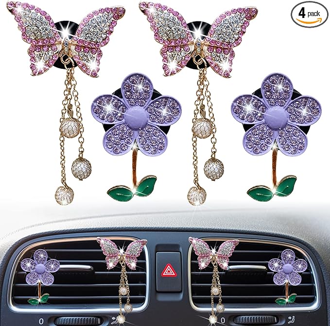 Bling Butterfly Daisy Air Vent Clips, 4 Pcs Butterfly Flower Car Air Fresheners, Cute Car Interior Decor