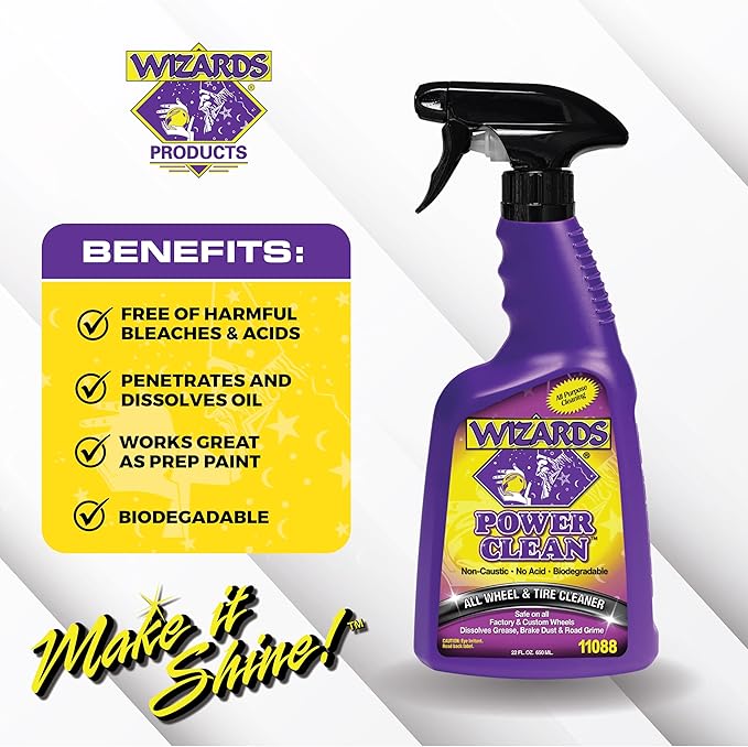 Wizards Mist-N-Shine Detail Spray and Power Clean Wheel and Tire Cleaner - ulti-Purpose High Gloss Finish Waterless Quick Detailer Spray for Glass, Chrome, Paint and Plastics - Non Caustic and No Acid