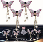 Pink Butterfly Air Vent Clips, 4 Pcs Bling Butterfly Air Fresheners Vents Clips Diamond Car Interior Decor Bling Cute Car Accessories Decoration for Women+ Heart Mask Hook