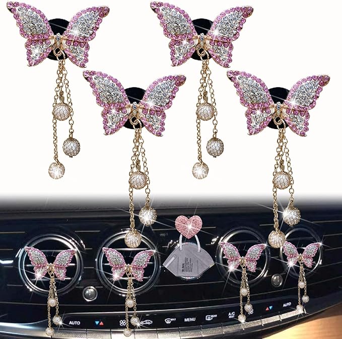 Pink Butterfly Air Vent Clips, 4 Pcs Bling Butterfly Air Fresheners Vents Clips Diamond Car Interior Decor Bling Cute Car Accessories Decoration for Women+ Heart Mask Hook