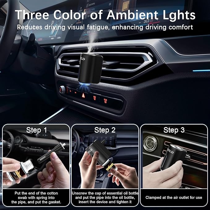 Smart Car Air Freshener, Car Air Freshener Diffuser with 3 Adjustable Light Modes, Rechargeable Aromatizante para Carro with 8pcs Essential Oil, Long-Lasting, Black
