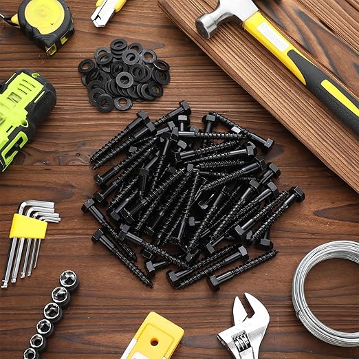 Tandefio 60 Pack 3/8''x 3'' Ceramic Black Lag Screw Kit with Washers Hex Lag Bolts Wood Screws Heavy Duty Ruspert Coating Hot Dip Galvanized Double Layer for Wood Decks Fences