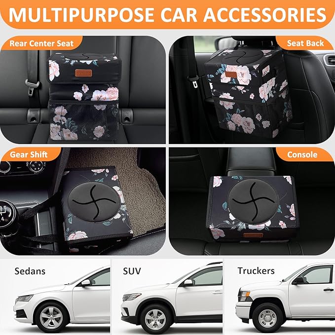 Car Trash Can for Car Cute,Bag Bin Hanging Waterproof Automotive Garbage Cans Leak Proof Vehicle Trash Can Black Floral