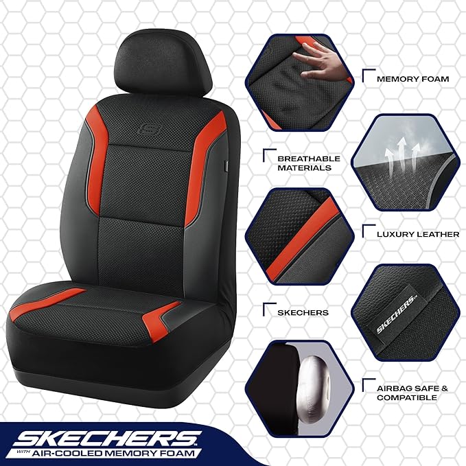 Skechers Memory Foam Leather Car Seat Covers, Air Cool Mesh Thick Seat Covers, Car Seat Covers Front Seats, Airbag Compatible, Automotive Comfort for Most Cars, Vans, Trucks, SUV,Orange
