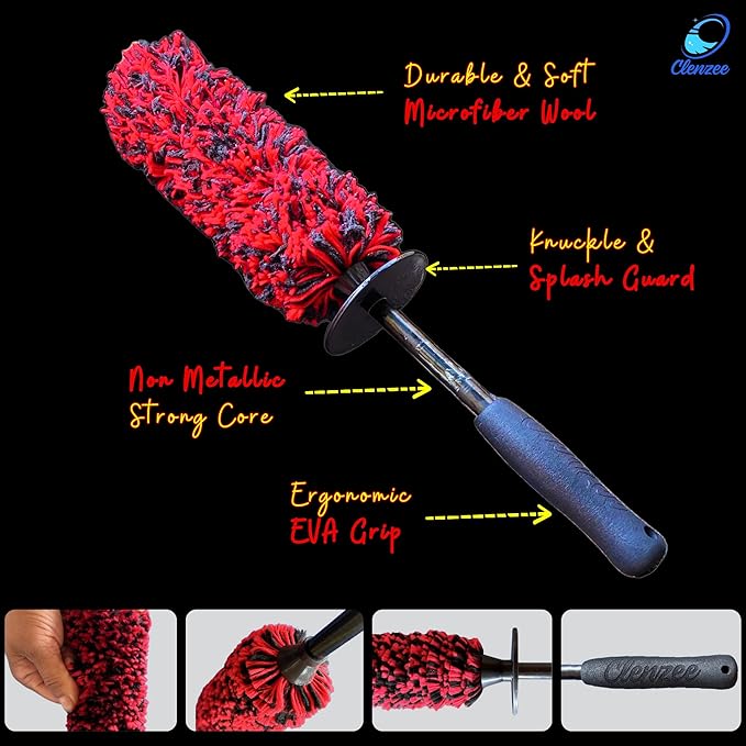 Premium Microfiber Wheel Brush and Nylon Bristles Tire Brush | Car Wheel Brush and Tire Cleaner Brush with Ergonomic Handles for Cleaning Wheels | Rim Brush & Tires Brush | 2 Pack