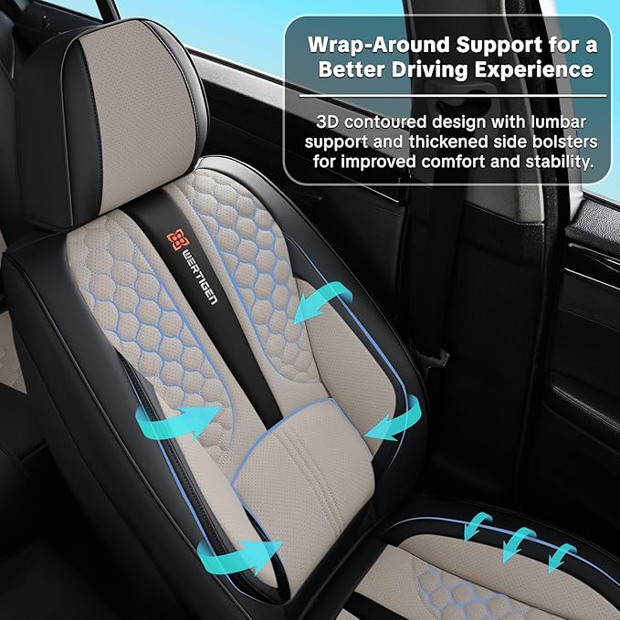 Universal Car Seat Covers, Black and Gray, Premium Nappa Leather, with Lumbar Support, Waterproof, Full Set, Non-Slip, Contoured Fit, Fits Most Vehicles, Upgraded Protection for Car Interiors