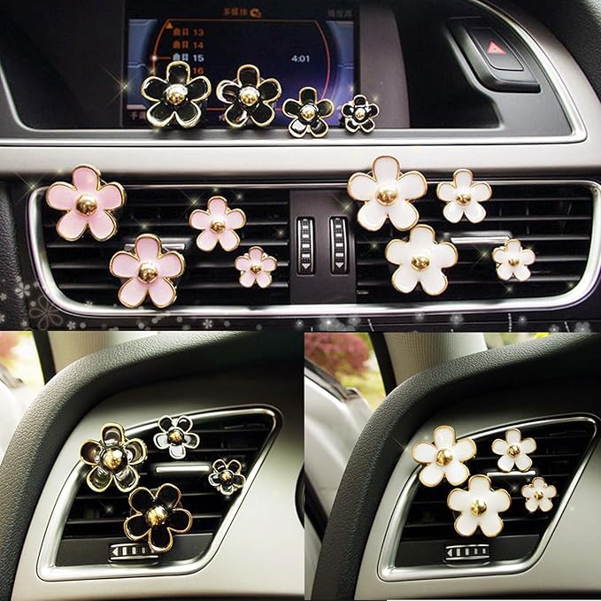 Daisy Car Decoration Flower Air Vent Clip Air Conditioning Outlet Clip Car Air Freshener Clip Car Interior Decor Charm Colorful Car Accessories for Women Interior Cute Set (8PCS-Black&White)