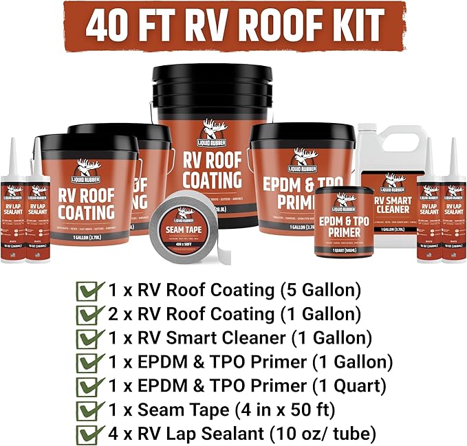 Liquid Rubber RV Roof Coating 40 Ft Leak Repair Kit – Solar Reflective, Waterproof & Weatherproof Protection – Complete System with Sealer, EPDM Primer, Cleaner, Seam Tape & Lap Sealant