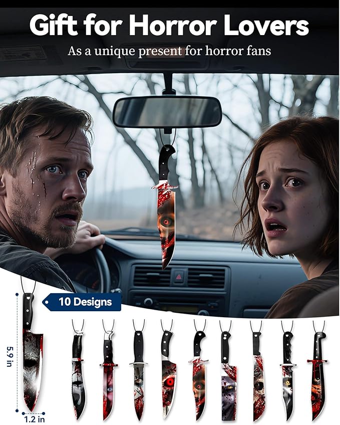 10PCS Car Air Freshener Horror Accessories - Blk Ice Scent, Scary Movie Merchandise Inspired Hanging Décor, Unique Spooky Gifts for Men & Women