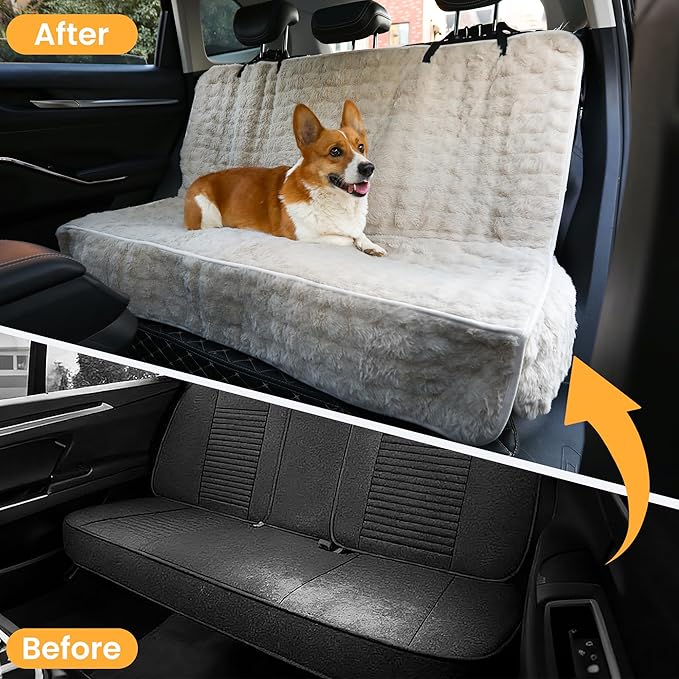 Dog Car Seat Cover for Back Seat & Front Seat, Plush Faux Fur Pet Car Seat Protector with Waterproof Layer, Non-Slip Bottom, Side Flaps, Machine Washable (Back Seat Beige)