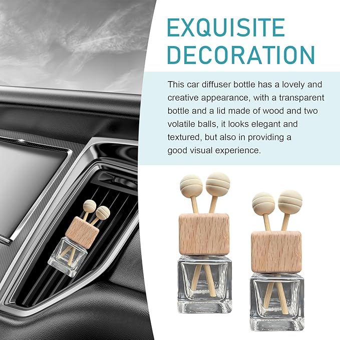 2PCS Car Diffuser Air Freshener Bottle, Auto Air Freshener Vent Clip, Refillable Empty Glass Perfume Bottle Outlet Clips, with Wooden Cap and Stick, Car Conditioning Vent Decoration
