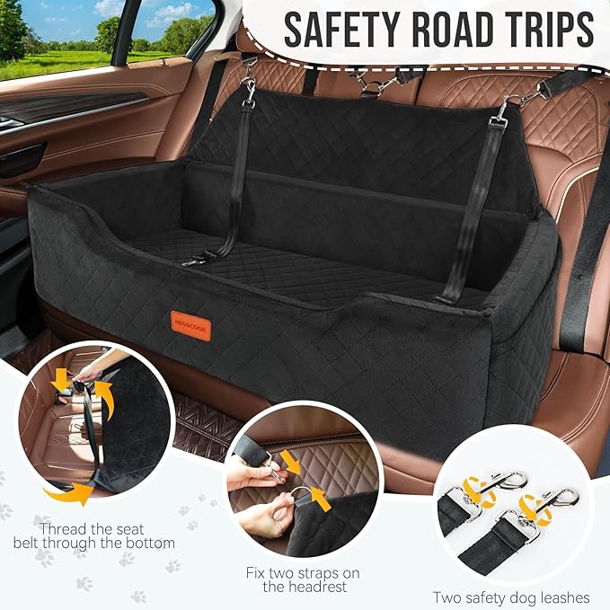 Large Dog Car Seat Under 100 lbs, Washable Dog Car Bed for 2 Medium Dogs, Detachable Pet Booster Seat with Storage Pocket and Seat Belt for Back Seat Dog Travel Bed