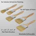Set of 5 1, 1.5, 2, 2.5, 3 Inch Flat Paint Brushes - High European Quality - Natural Bristles - for Home, Wood, Walls, Art, Trim & Furniture - for Acrylic, Oil, Stain, Chalk & Latex Paints