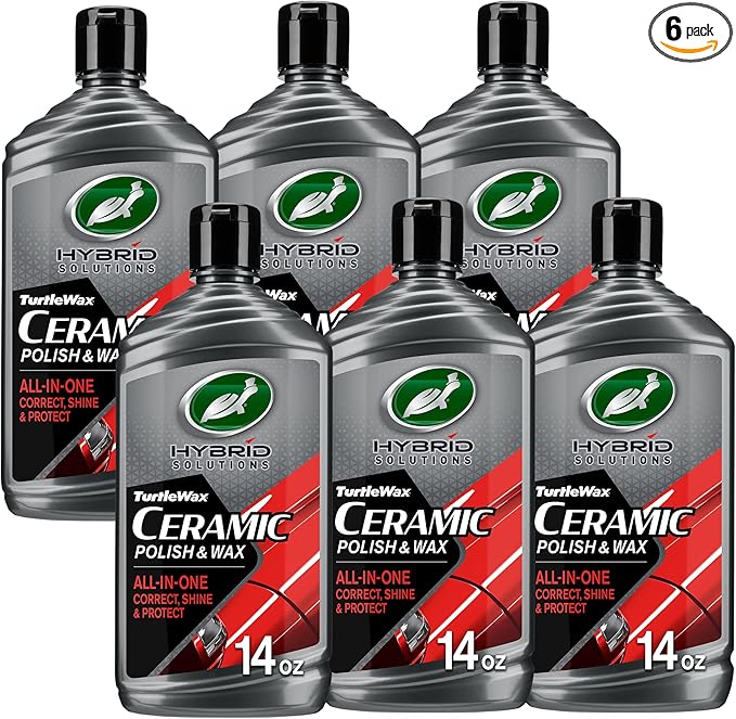 Turtle Wax Hybrid Solutions Ceramic Car Polish and Wax, Light Scratch Remover, Durable Paint Protection, Extreme Water Beading, High Gloss Shine, Hand or Machine Polisher Use, 14 oz (Pack of 6)