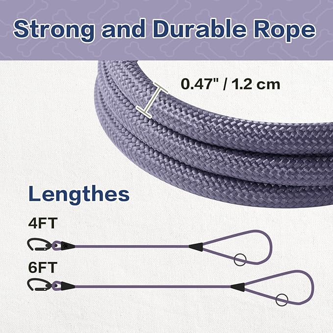 PawsPassion Rope Dog Leash 4 FT, 2-in-1 Heavy Duty Dog Leash with Seat Belt Buckle, Tangle Free 360ｰ Swivel Aviation Aluminum Carabiner, All Metal Hardware, Alloy O-Ring (Lilac Breeze)