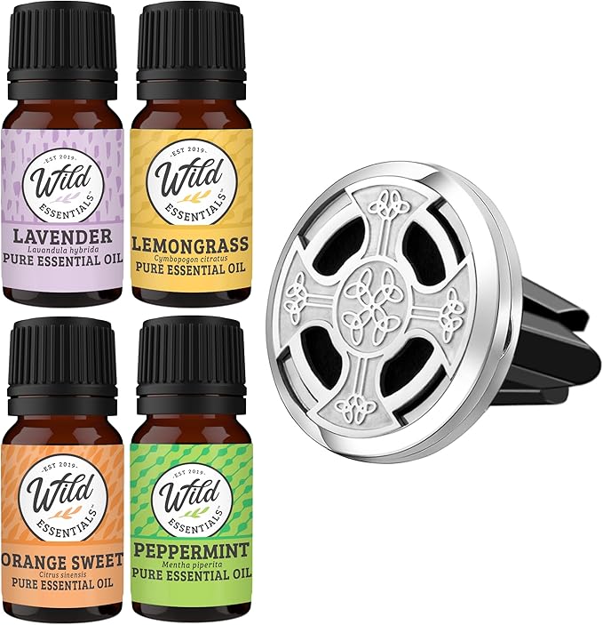 Wild Essentials Celtic Cross Essential Oil Car Vent Diffuser Kit with Lavender, Lemongrass, Peppermint, Orange Oils, Stainless Steel Pendant, 8 Refill Pads, Customizable Color Changing Air Freshener