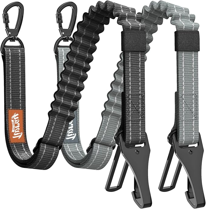 2Pcs Dog Seat Belt, Dog Car Seat Belt Bungee, Car Harness for Pet with Buckle & Hook Latch, Safety Leash Vehicle, Adjustable Reflective Pet Vehicle Tether, 360° Swivel Lock Clasp, Gray & Black