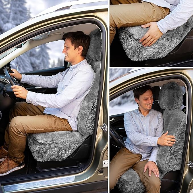 ZONETECH Sheepskin Seat Covers Fuzzy Car Seat Covers Grey Australian Merino Wool Fluffy Fur Auto Accessories All Season Protection for Your Seats Universal Fits Most Car SUV Airbag Compatible 2- Pack