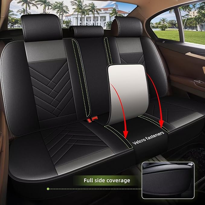 AOMSAZTO Car Seat Cover Fit for Hyundai Kona 2018-2025 2026, Full Set 5 Seats Leather Seat Protector Compatible Airbag Waterproof Automotive Seat Covers Black&Gray
