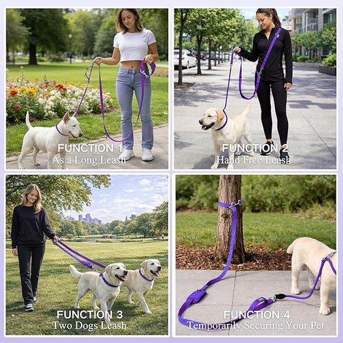 10FT Hands Free Dog Leash for Small Medium Large Dogs, Heavy Duty Reflective Dog Leash with Traffic Handle, Seat Belt Buckle & Poop Bag Holder (Purple)