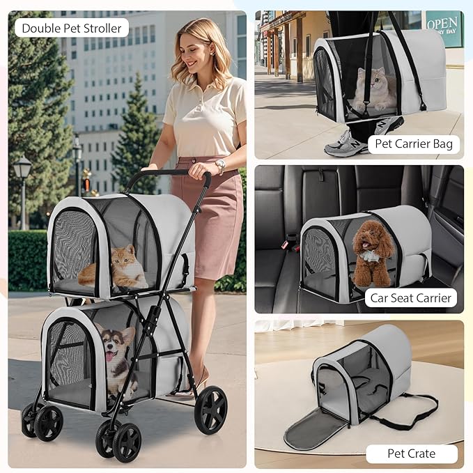 Giantex Double Pet Stroller with 2 Detachable Carrier Bags, Safety Belt, 4 Lockable Wheels, Folding Cat & Dog Stroller for Small Medium Pets, Cats Dogs Puppy Travel Strolling Cart (Gray)