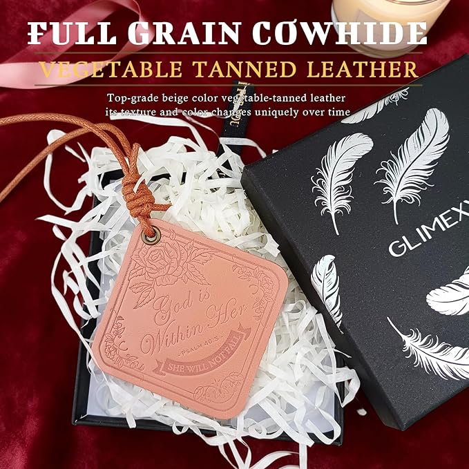 Leather Rearview Mirror Accessories Bible Verse She will not Fall Religious Gifts for Women New Car Smell Leather Car Air Freshener Hanging Bag Charms for Handbags
